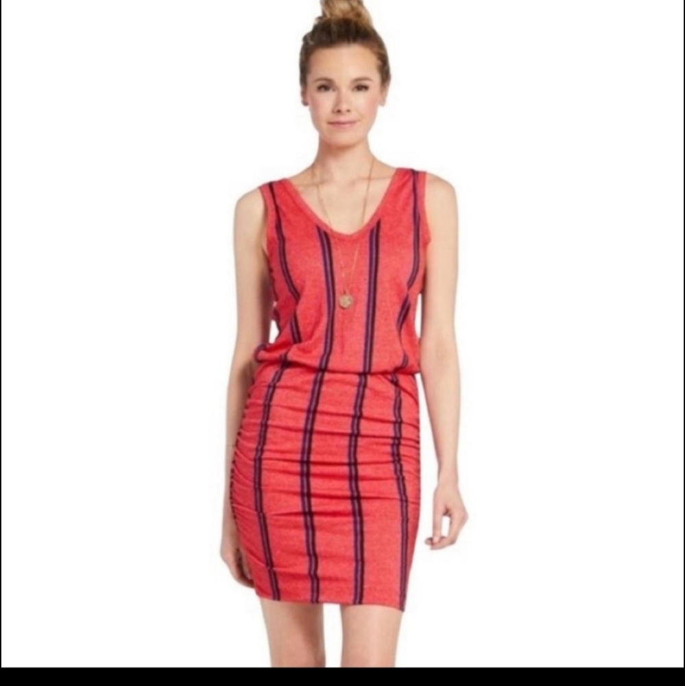 Sundry Striped Bodycon Rushed V-Neck Sleeveless Mini Dress